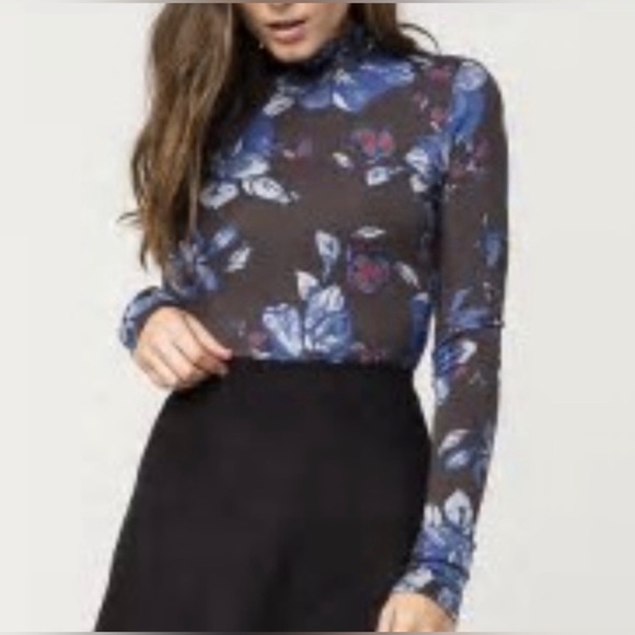 Free People Tops - FREE PEOPLE Floral Tissue Mock Neck Button Back Top Long Sleeve Sz M Gray/Blue